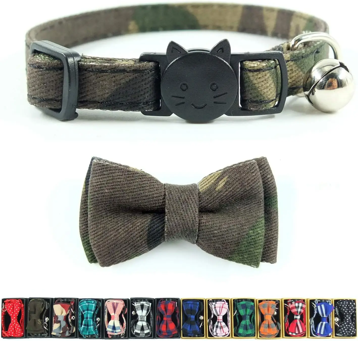 

Adjustable Breakaway Cat Collar with Bowtie and Bell, Safe Quick Release, Camouflage Design