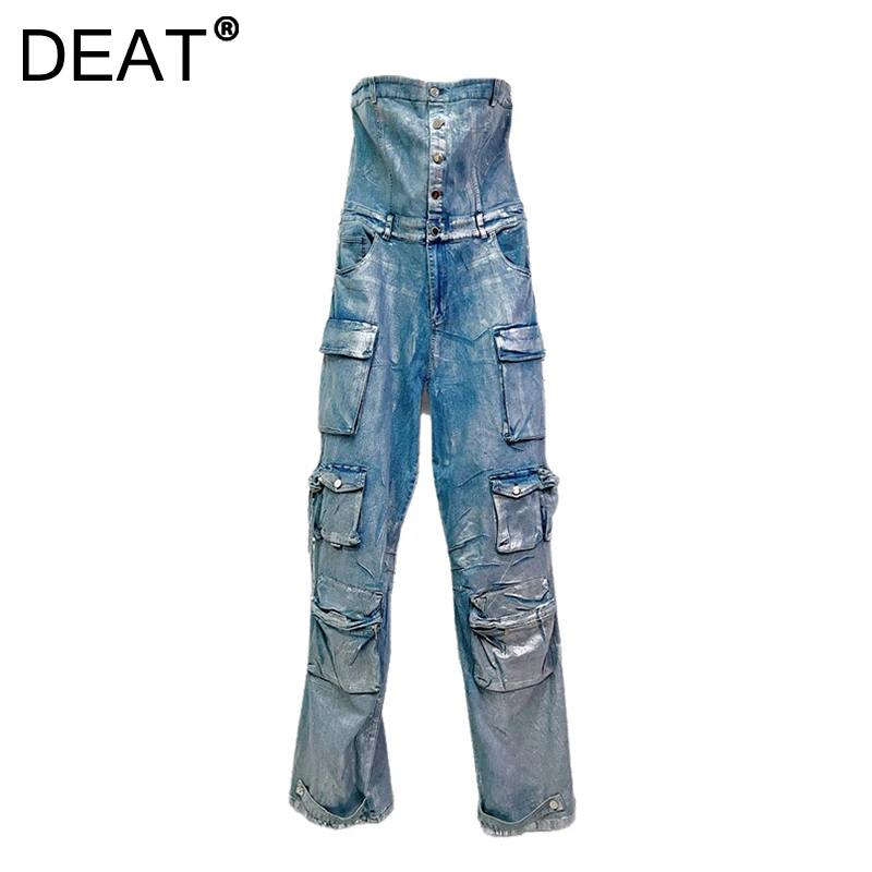 DEATผู้หญิงเคลือบDenim Jumpsuit Straplessหลายกระเป๋าเงินพิมพ์Cargo Playsuits 2024 ใหม่แฟชั่นฤดูหนาว 29L9093