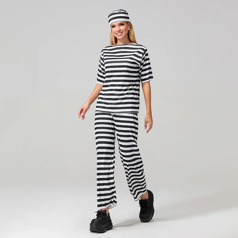 Adult Halloween Prisoner Costume White and Black Striped Prison Criminal Outfit for Women Men Convict Costume Cosplay