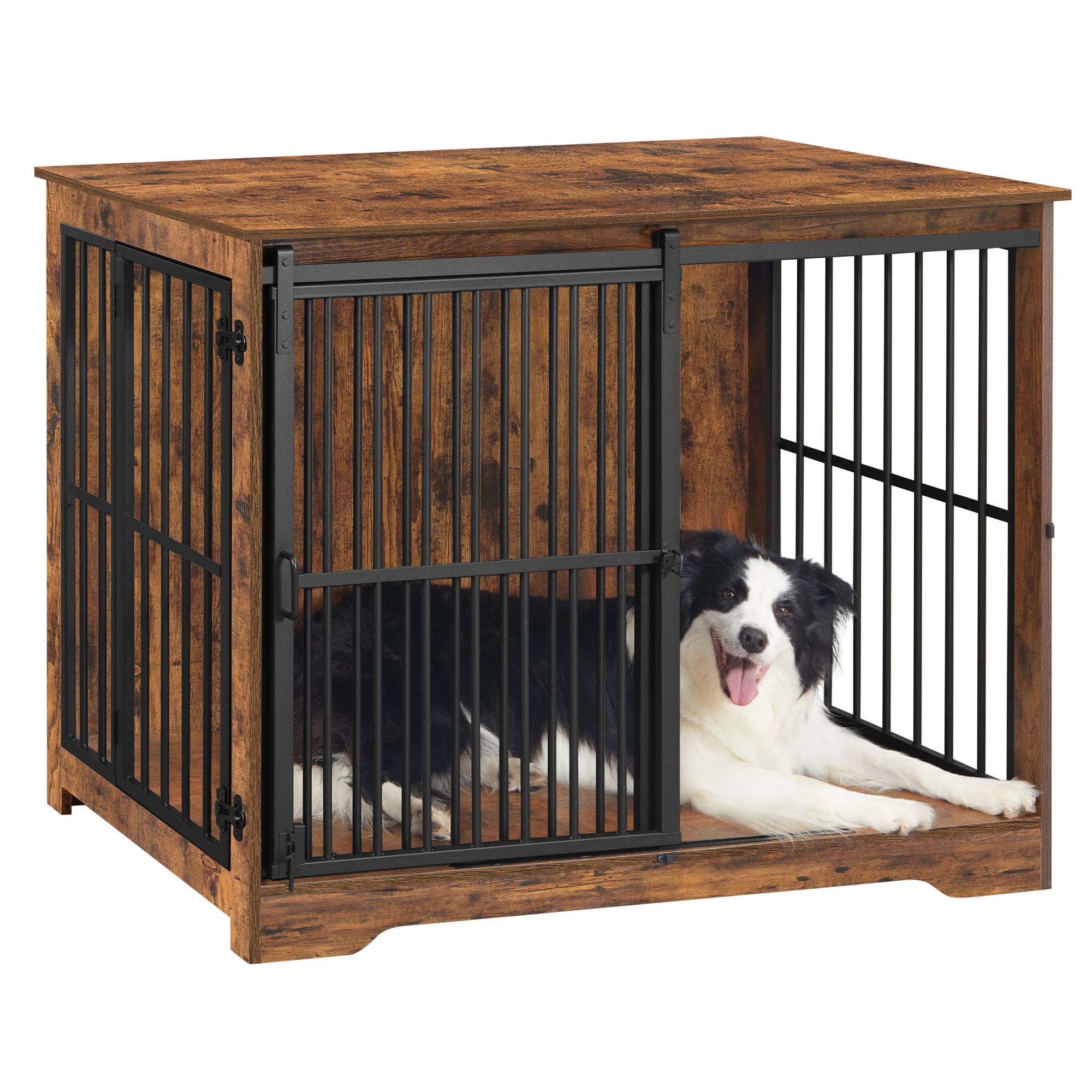 Hondenkooi meubels, 110 cm hondenbench, 2 deuren, moderne binnenhondenkooi voor honden, bijzettafel, versterkte schuifdeur, vintage bruin