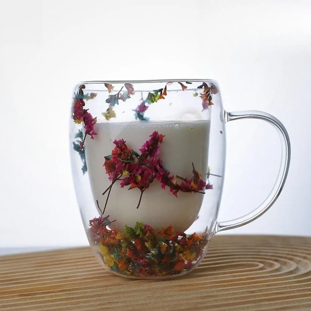 Dried Flower Double-layer Coffee Mug 250/350ml Insulated Glass Cup Heat-Resistant Borosilicate Glass Water Cup Floral Tea Cup