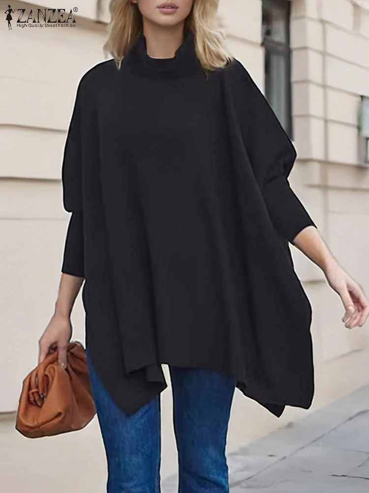 ZANZEA Moda donna Asimmetrico Collo alto Tees 2025 Vintage Manica lunga Solid T-shirt Vacanza Autunno Top lavorato a maglia Blusas