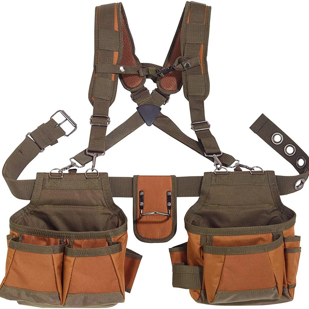 Electrician Tool Bag With Suspenders And Buckled Waist Pouch