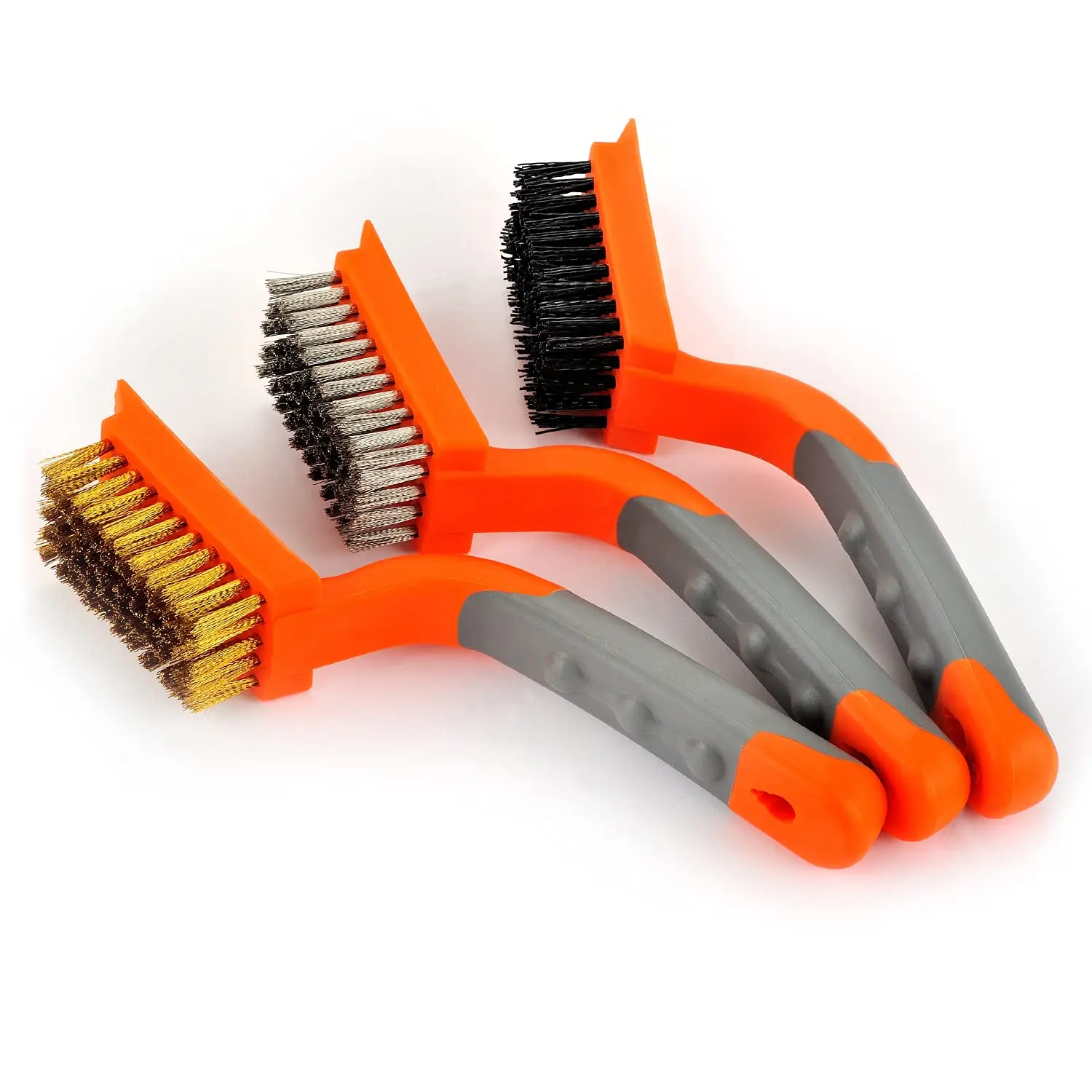 

3-Piece Wire Brush Set: Brass, Stainless Steel & Nylon for Rust & Paint Removal with Ergonomic Rubber Handle