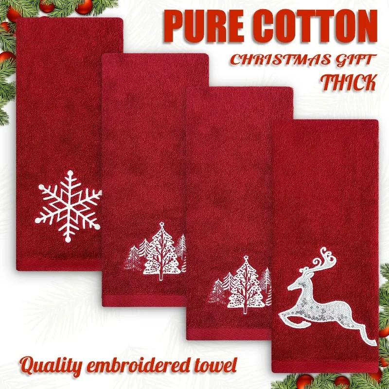 2/4PCS Christmas Towel Double-sided Terry Sequined Elk Embroidery Christmas Tree Snowflake Thickened Absorbent Cotton Towel