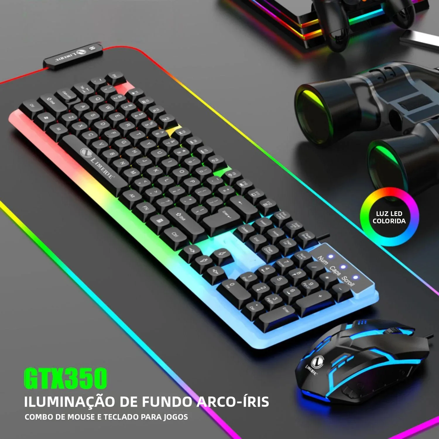 Conjunto de Teclado e Mouse com Sensação Mecânica, com Retroiluminação LED RGB, USB com Fio - 104 Teclas - Escolha Ideal para Jogos e Escritório