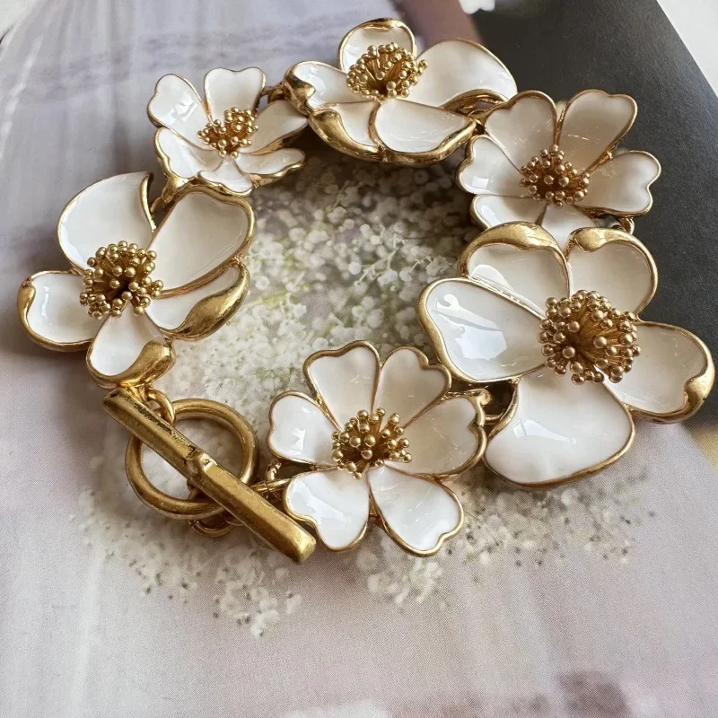Vintage Colorful Enamel Glaze Flower OT Hook Bracelet for Female Women Jewelry Wedding Banquet