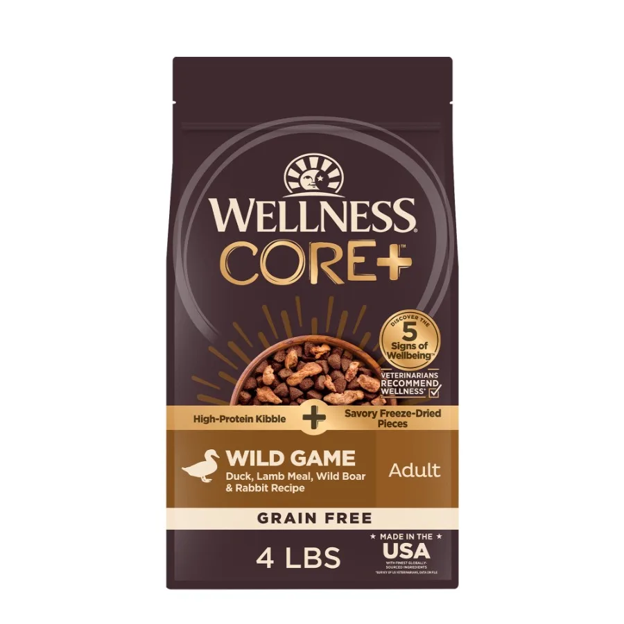 

CORE+ Dry Dog Food with Freeze Dried Pieces, Grain Free, High Protein, Natural, Wild Game Duck, Lamb, Wild Boar, and Rabbit Rec