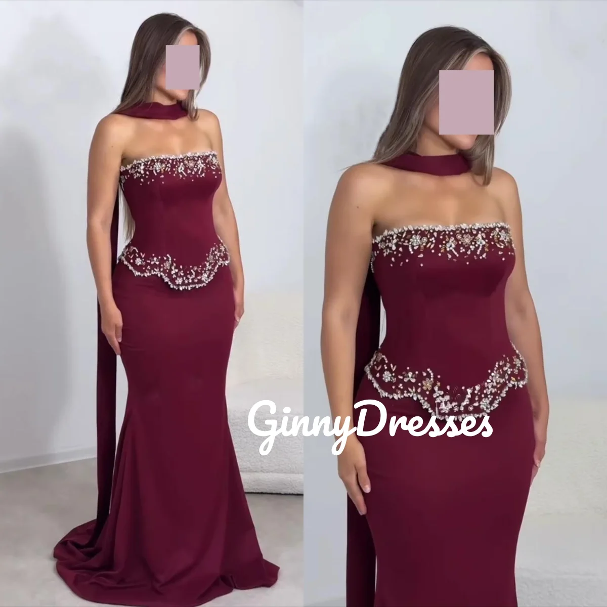 Robes de soirée de luxe personnalisées, style sirène, sans bretelles, longueur au sol, pour événements spéciaux, perles bordeaux, fermeture éclair, robes F