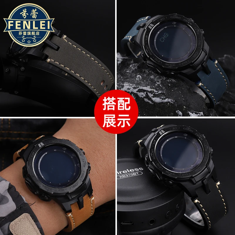 카시오 PROTREK 정품 가죽 시계 밴드 PRG-300/PRW-6000/6100/3000/3100 마운틴 수정 남성용 소가죽 스트랩 24MM 팔찌