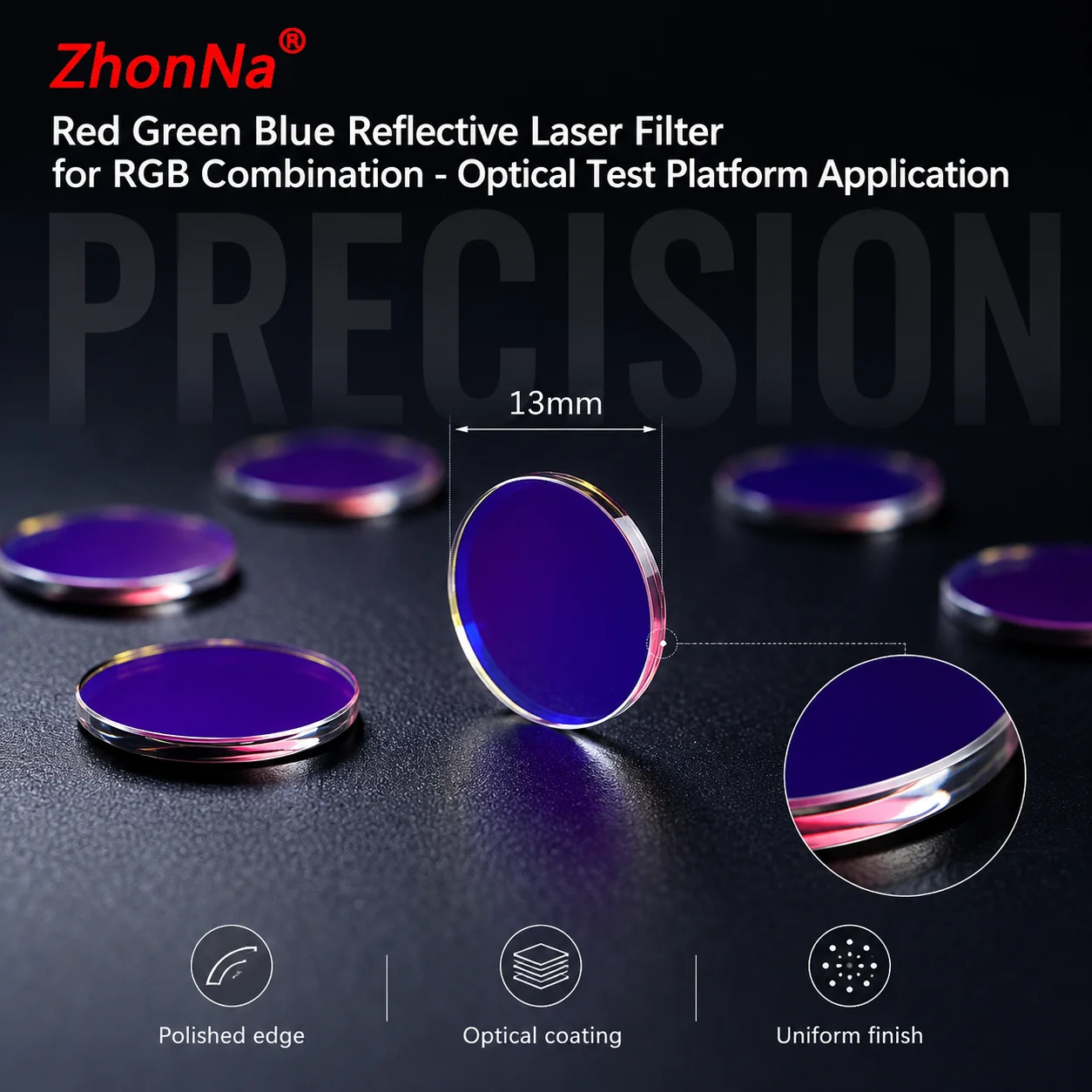 ZhonNa 13mm RGB Reflective Laser Filter Optical Glass Lens Red Green Pass Blue Reflect for Optical Test Platform Instrument Lens
