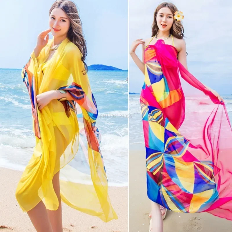 Écharpe de plage pour femmes, taille plus, FY109, vêtements de plage d'été, sarong de plage, couvre-vêtement de plage, écharpes en mousseline de soie d'été, design géométrique