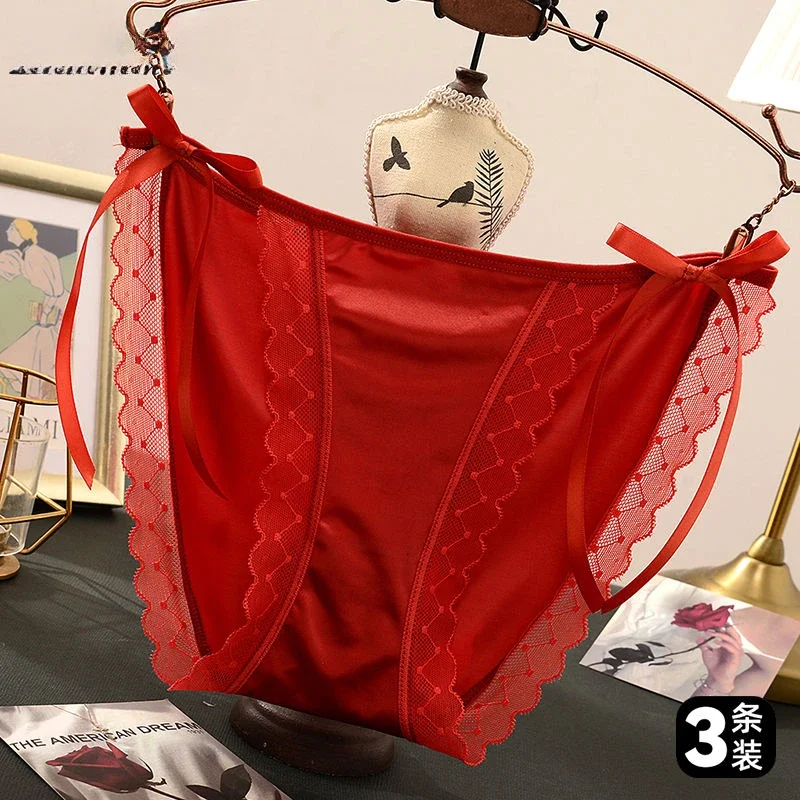 Pure Libido Sex Appeal Lace Red Underwear Female Low Waist Briefs Cotton Crotch Shorts Mentrual Sexy Panties Women