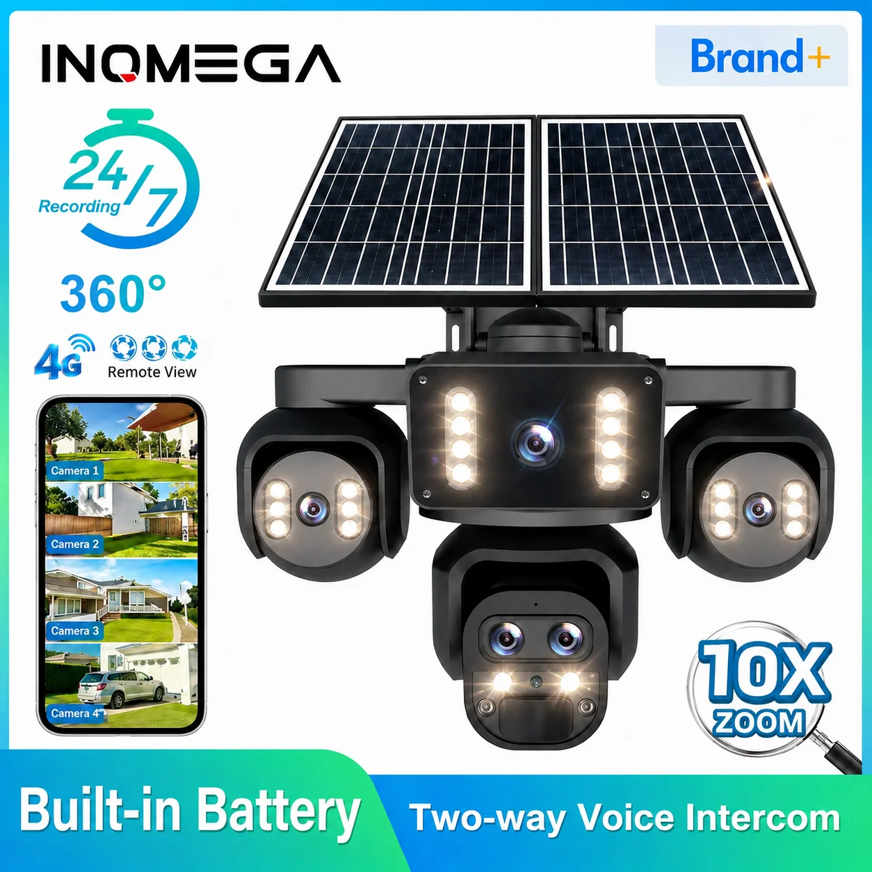 

INQMEGA AI Solar Camera 4G Sim Outdoor 5Lens 5Screen 10X Zoom PTZ PIR Human Detect 7/24 AOV Camera Waterproof Night Vision CCTV