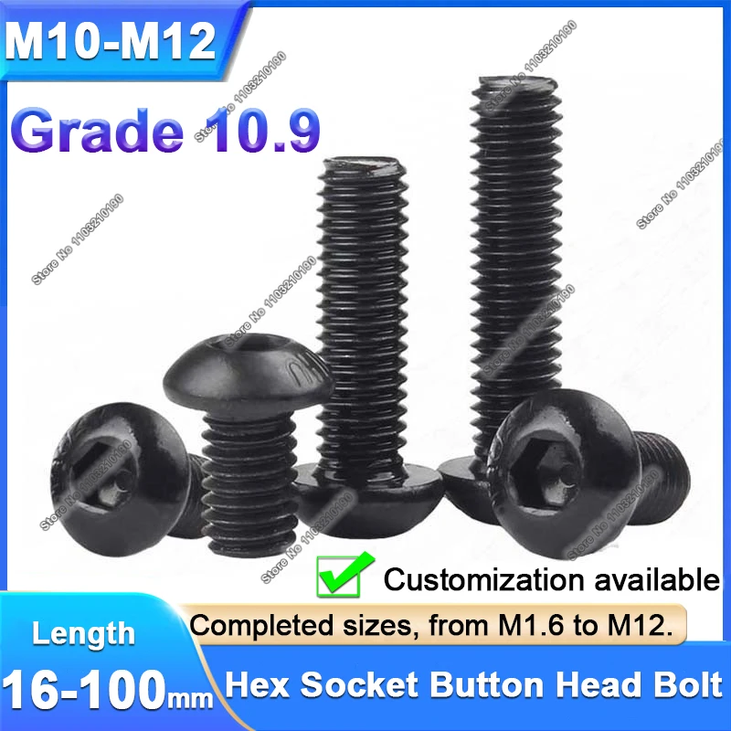 1-5Pcs M10 M12 Black Grade 10.9 Steel Hexagon Hex Socket Button Head Cap Screws Half Round Head Allen Furniture Bolts L=16-100mm