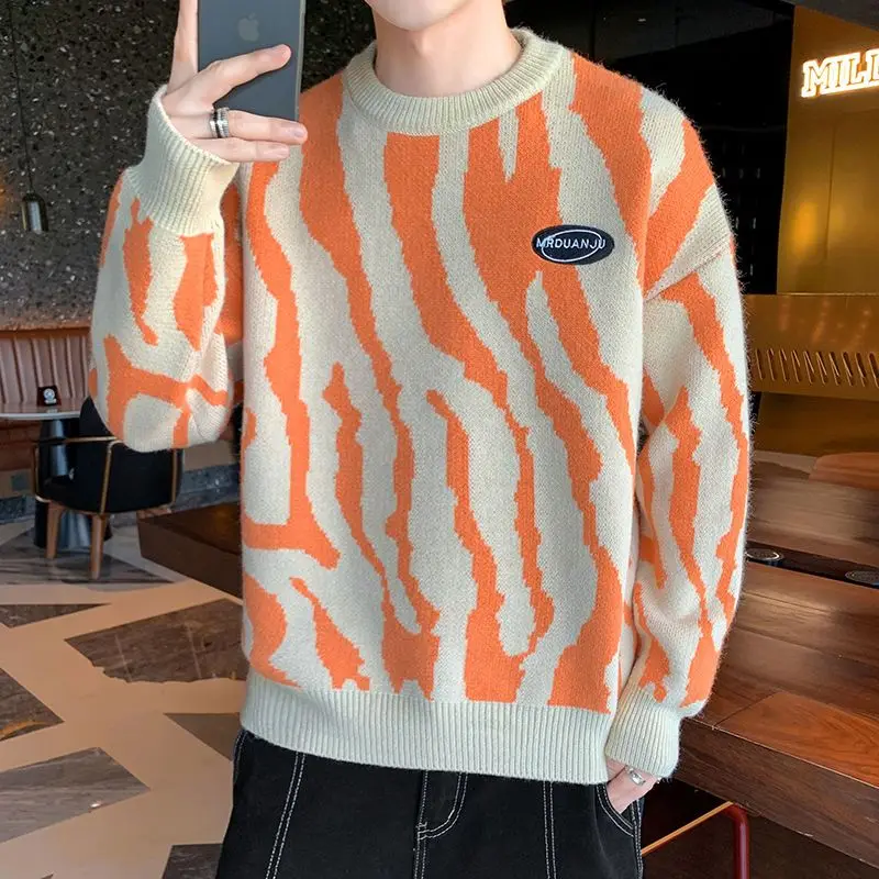 Fashion O-Neck Spliced Letter Embroidery Sweaters Men's Clothing 2023 Autumn Winter Loose Knitted Casual Pullovers Korean Tops