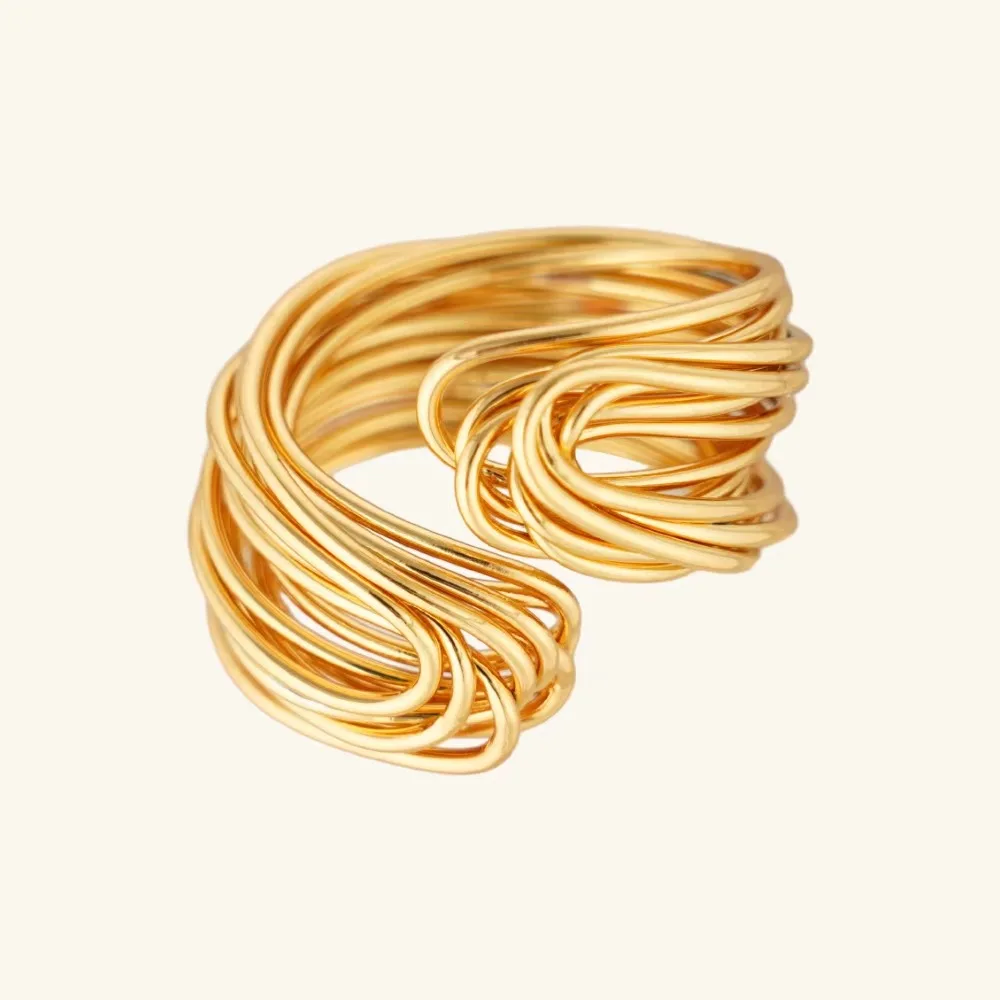

18K Gold Plated Multi Wires Braided Adjustable Size Finger Ring, Trendy Vintage Temperament Jewelry for Women Daily Wear