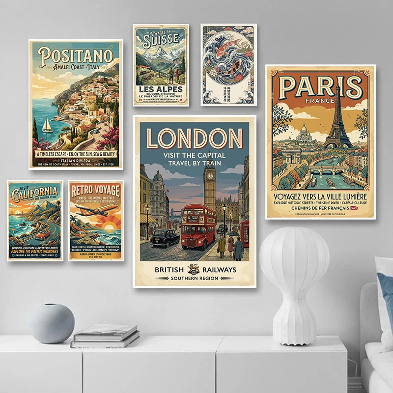 Vintage Positano Swiss Alps Travel Posters Urban Landscape London Modern Prints Canvas Wall Art Pictures Home Living Room Decor