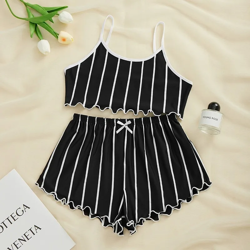 ملابس نوم مريحة عصرية ملابس داخلية مثيرة كاجوال بدون أكمام مخططة سترة علوية + مجموعة شورت بيجامات ملابس منزلية