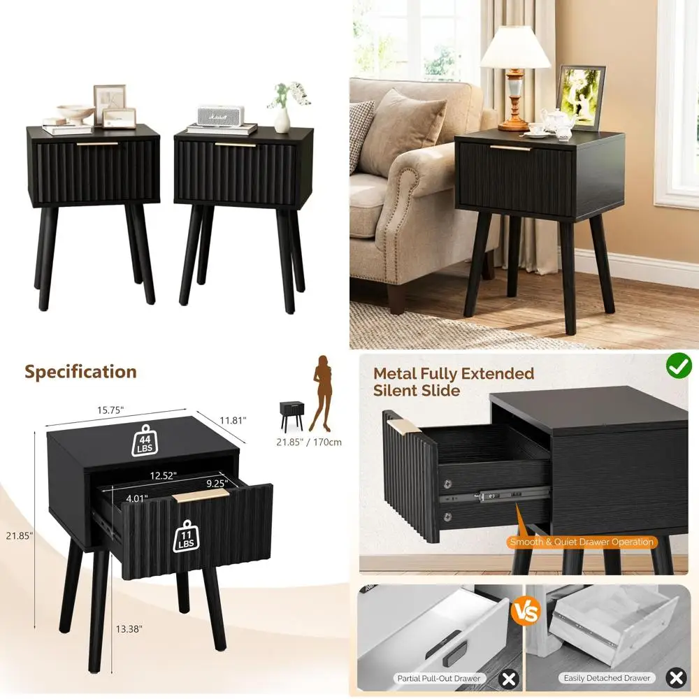 

Черные деревянные прикроватные тумбочки, комплект из 2 шт., 15,75 (Ш) x 11,81 (Г) x 21,85 (В) дюймов, для спальни