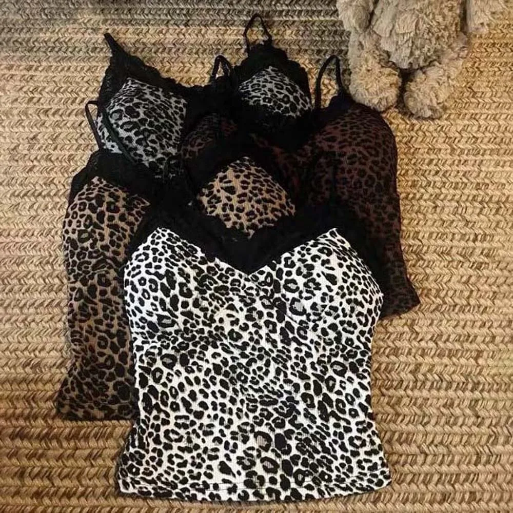 with Breast Pads Lace Leopard Print Camisole Lace Leopard Slim Fit Leopard Print Corset Sleeveless Tanks Splicing Suspender Vest