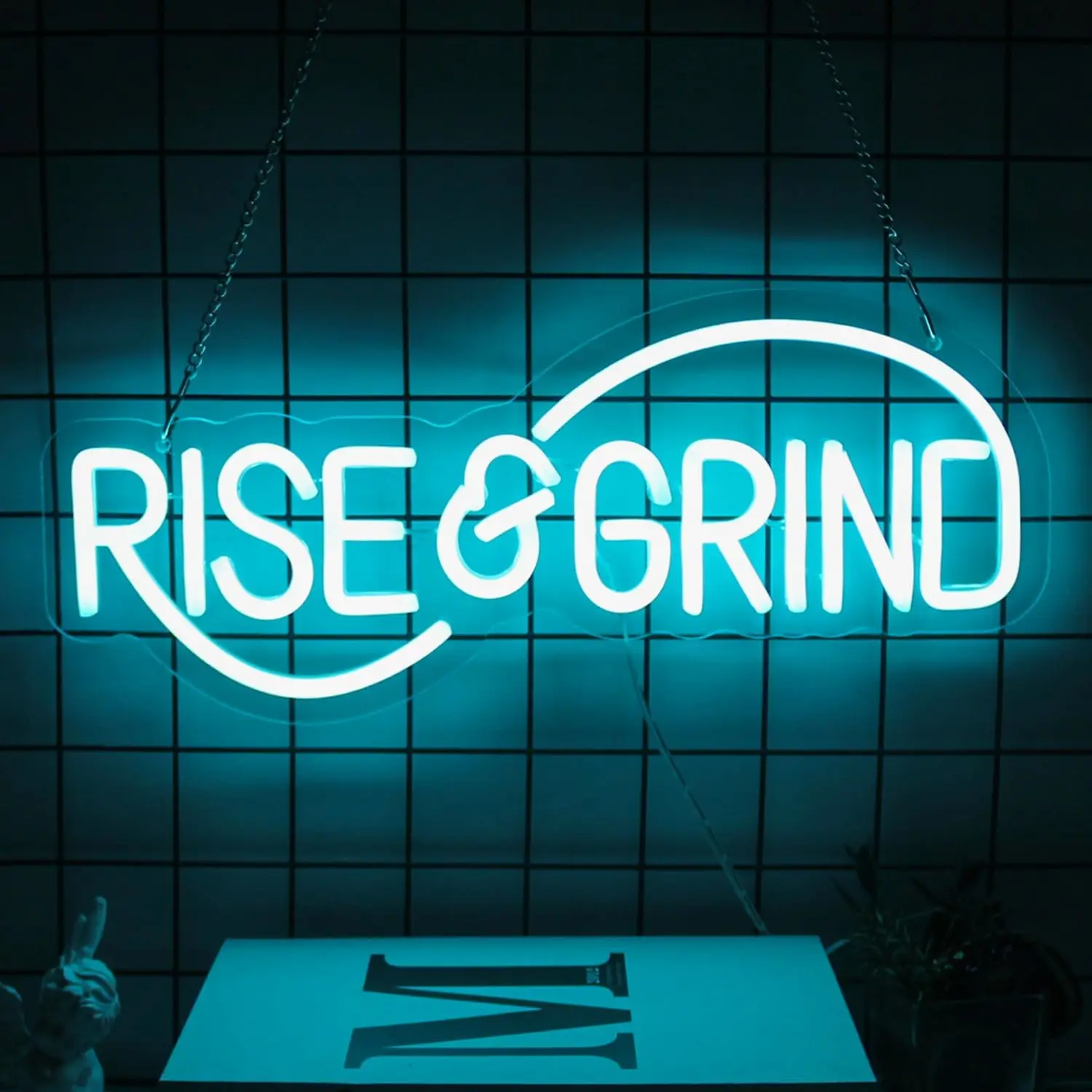 

Rise Grind LED Neon Sign for Wall Decor Hustle Motivational Ice Blue Letter Inspirational Wall Art Bedroom Office Gym Man Cave