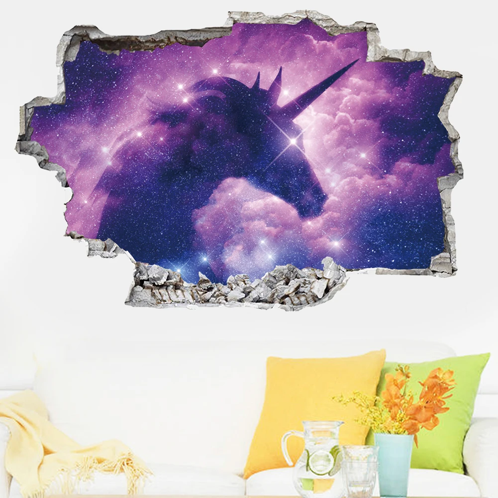 3D Cartoon Purple Unicorn Wall Stickers Living Room Bedroom Wall Decoration Art Mural Still Life Painting