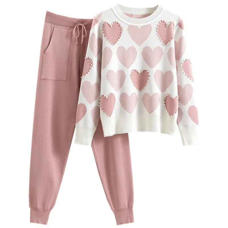 2023 New Pink Two-piece Casual Round Neck Floral Print Heart-shaped Jogger Top + Long Pants Suit Women\'s Clothes High Streetwear