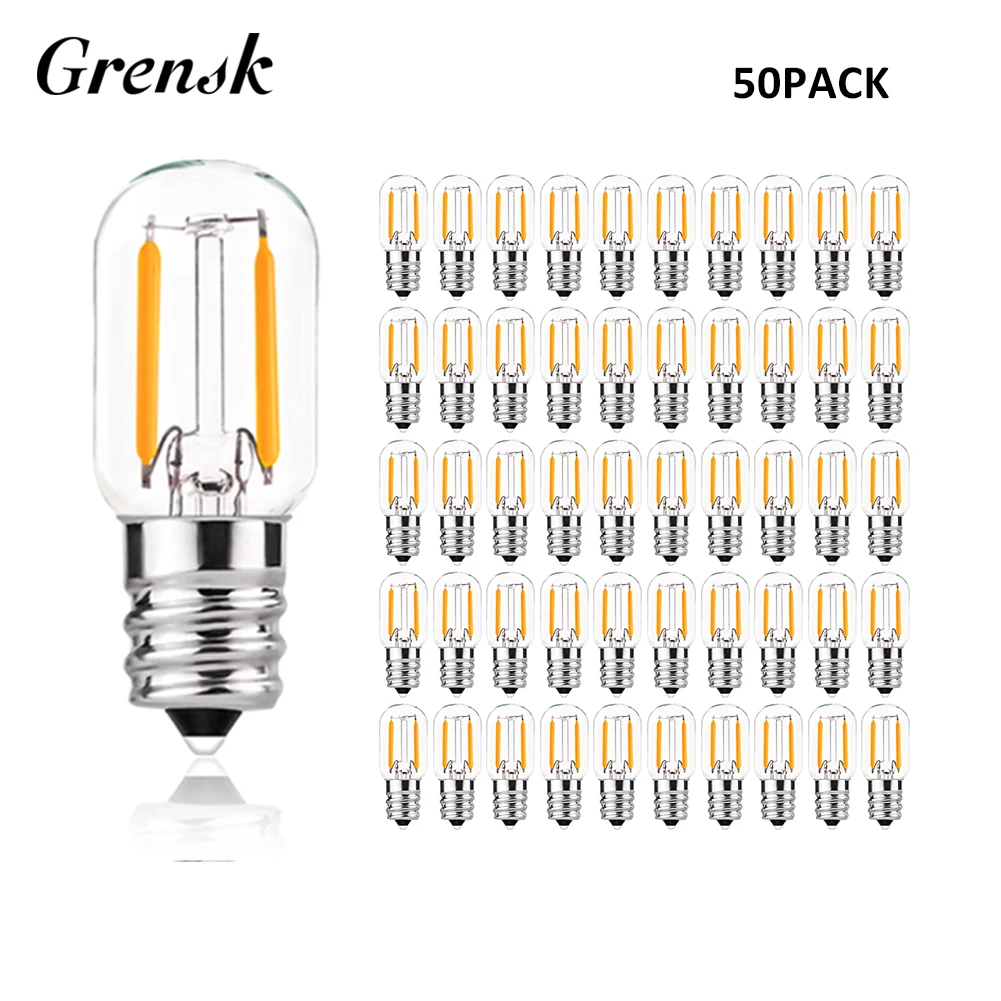 Grensk 50pcs/lot T20 Radio Refrigerator Lamp 1W Super Warm 2200K Retro LED Filament Bulb E12 E14 Base 110V 220VAC Dimmable leds