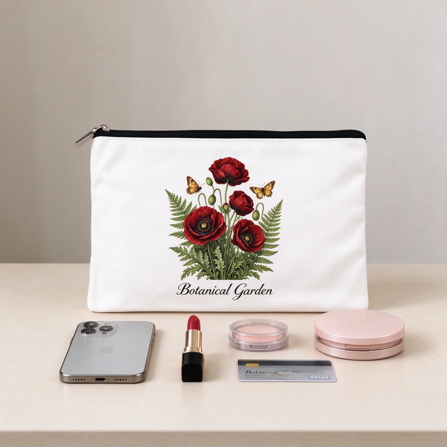 Botanical Floral Canvas Makeup Bag Vintage Red Flower Cosmetic Pouch Travel Toiletry Organizer