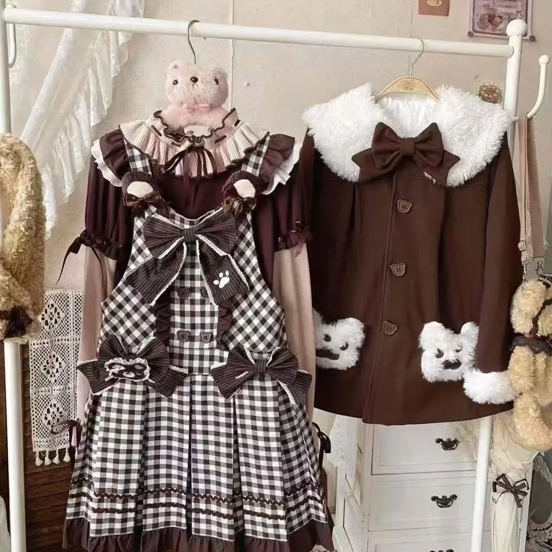 

Юбка SOIOMES в клетку с плюшевым мишкой в стиле Лолиты, осенне-зимняя мини-юбка с коричневой юбкой в античном стиле и бархатной курткой