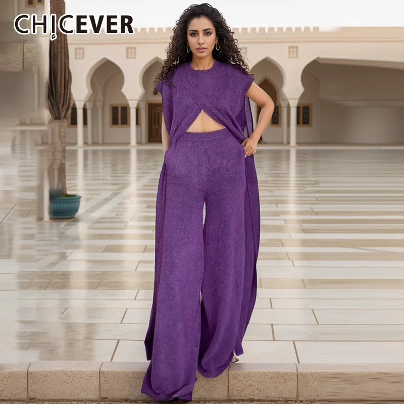 CHICEVER Solid Knitting Two Piece Set For Women Round Neck Sleeveless Designer Tops High Waist Wide Leg Pants Casual Sets Female