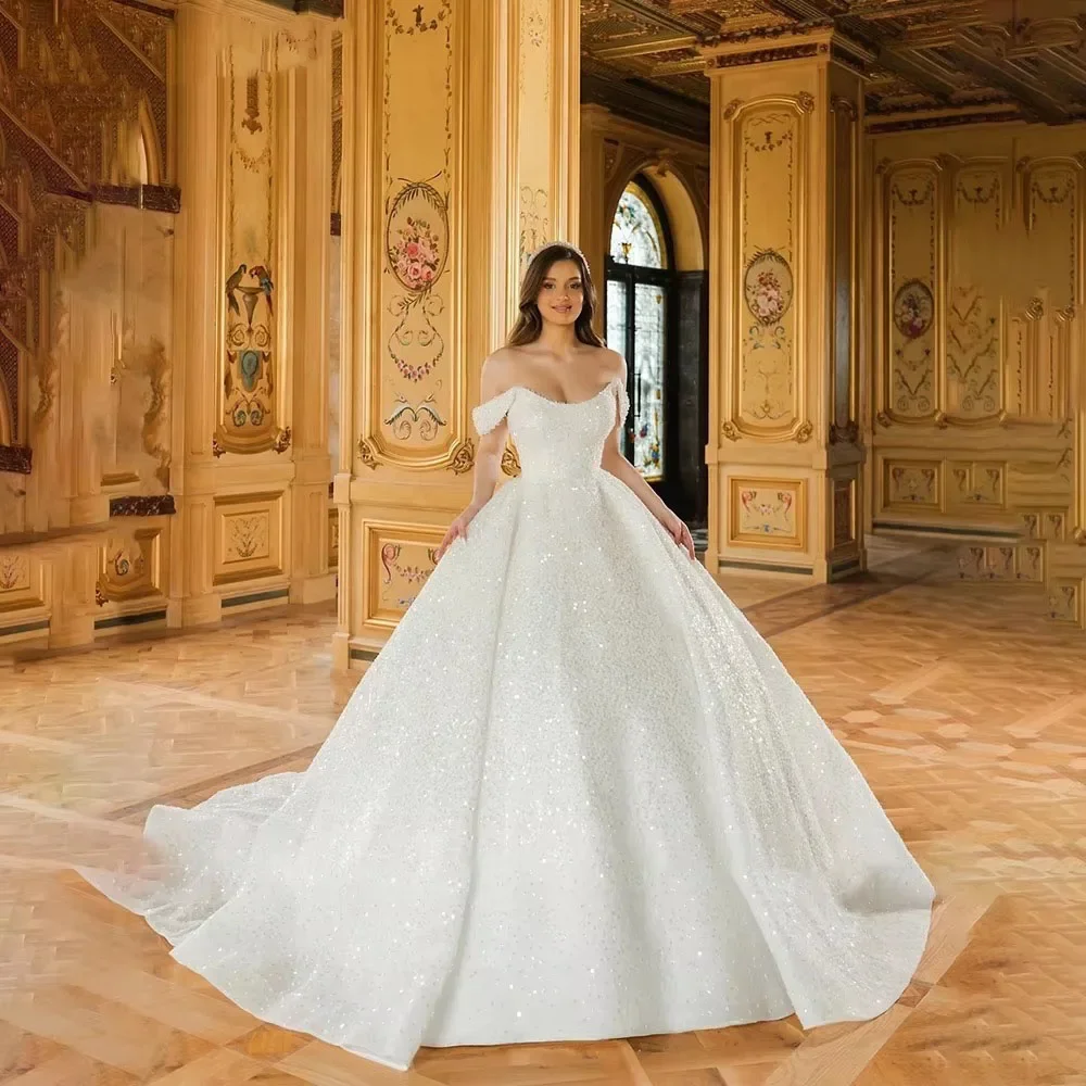 

Customized Sparkly Beading Pearls Lace Off Shoulder Sleeves Wedding Dresses Boat Neck Bride Ball Gown Vestidos de Novia Boda