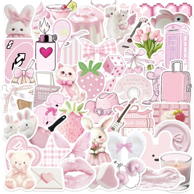 

10/30/50PCS Cartoon Light Pink PVC Sticky Sticker Aesthetic DIY Children's Decoration Scrapbooking School Supplies for Kids