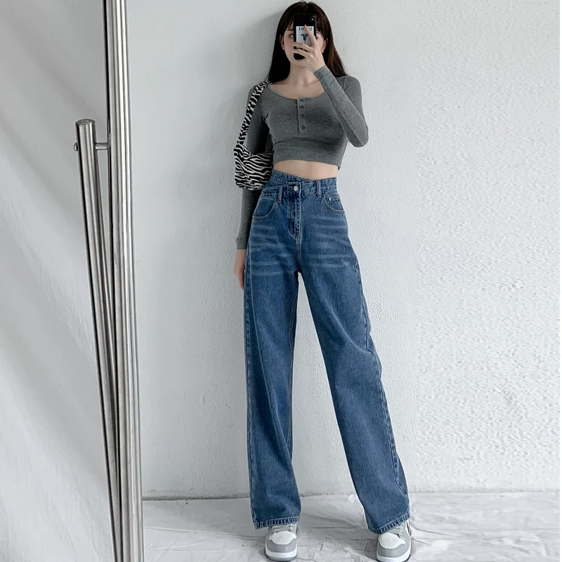 

Retro High Waist Women's Jeans New Design Sense Cross-waist Jeans Women's Slim Straight Trousers Drapey Mopping Pants Tide