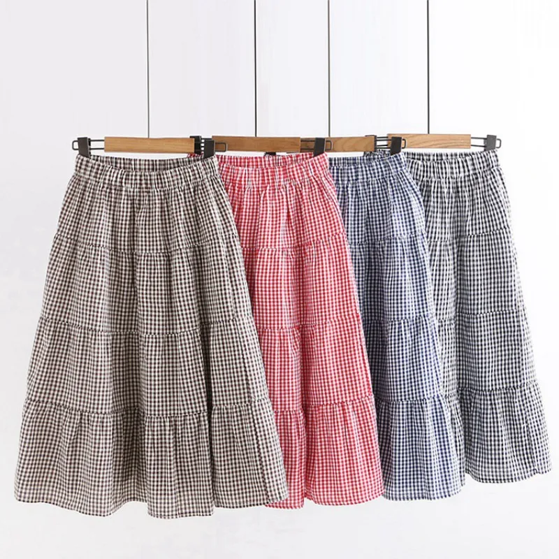 

Girls A-line Skirt Summer New Fashionable Elastic Waistband Plaid Mid Length Skirt