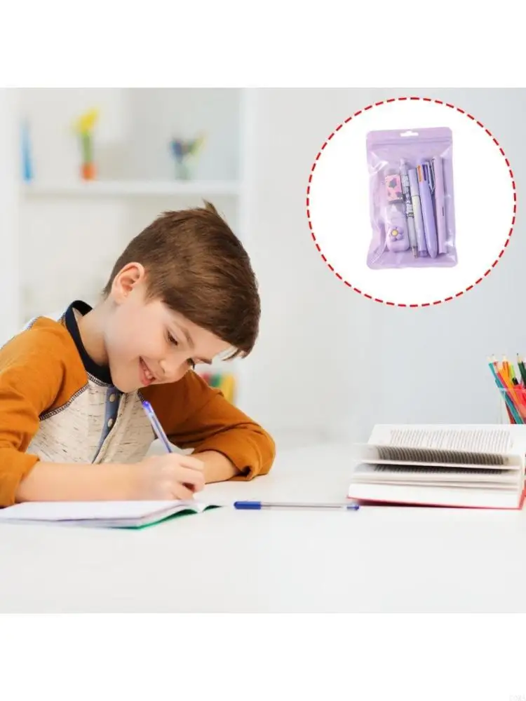 CORA 6Pcs Student Stationeries with Multicolored Pen Eraser Pencil Correction Tape