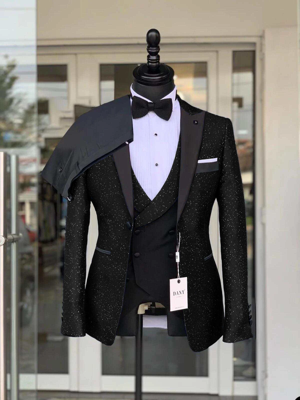 Wedding Tuxedos Men Suits Black High-end Groom Wear Sparkly Silky Fabric Prom Suit Peaked Lapel Jacket Vest Pant Custom Made