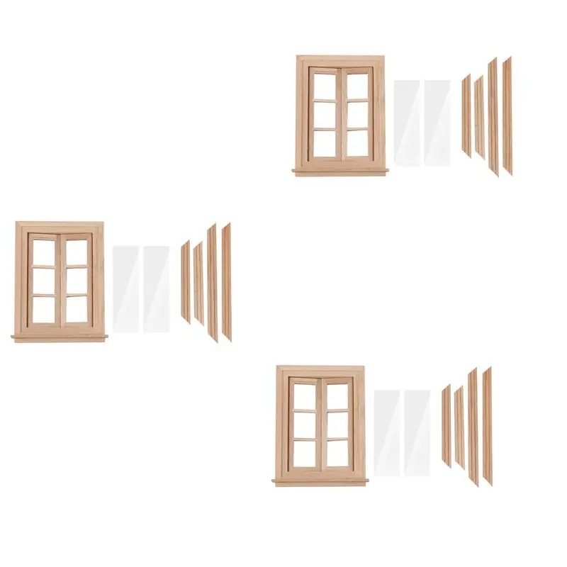 3X 1:12 Dollhouse Miniature Double Window Wooden 6 Pane Frame And Glass Plate House DIY Double Window Accessories