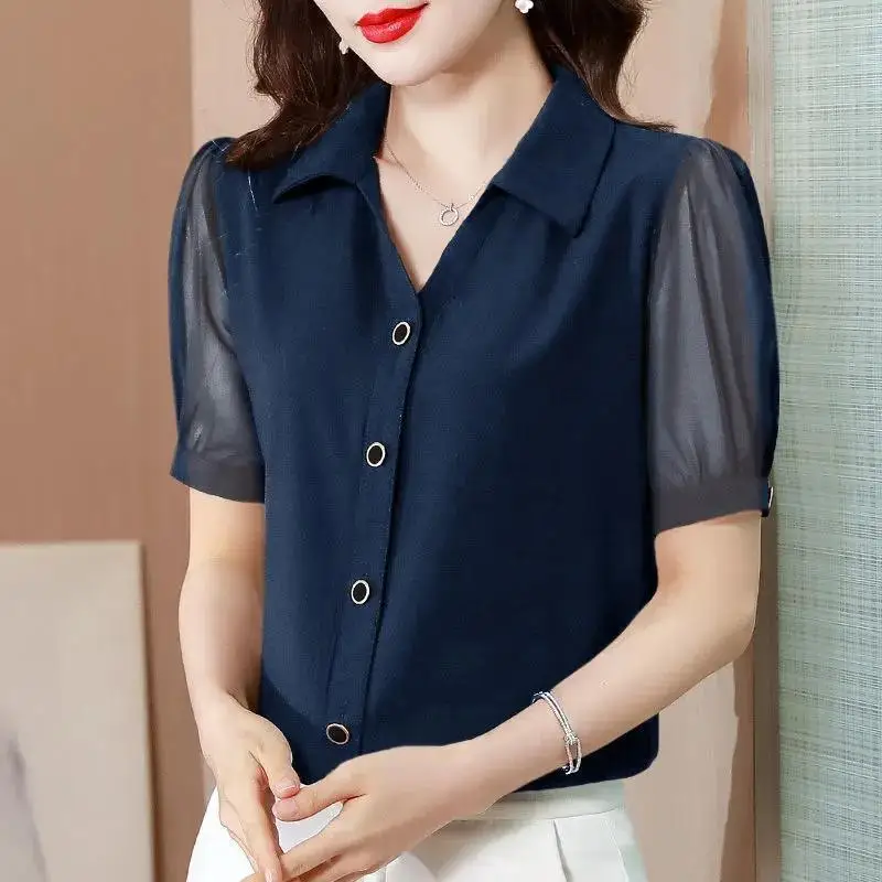 Elegant Solid Color Loose Folds Chiffon Shirt Women Clothing 2024 Summer New Oversized Casual Tops All-match Office Lady Blouse