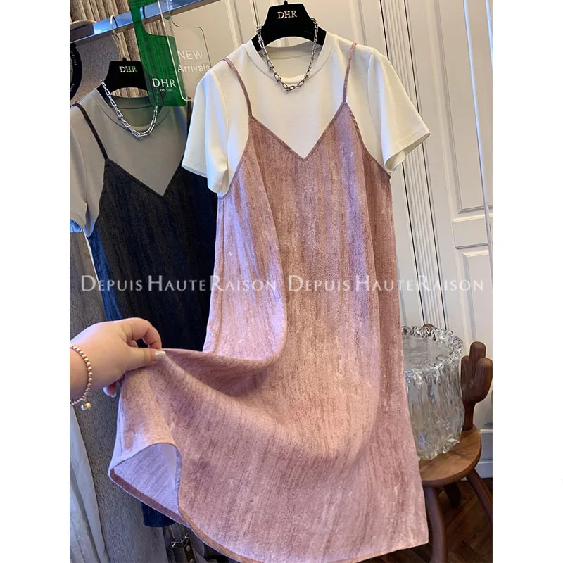 女性用半袖Tシャツドレス,ゆったりとしたフィット感,ラウンドネック,対照的な色,大きいサイズ,フレンチスタイル,2枚