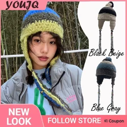 Y2K Autumn Winter Crochet Hats for Women Ears Warm Blue Green Beanies Female Preppy Windproof Cap Earflap Bomber Hat Gorra