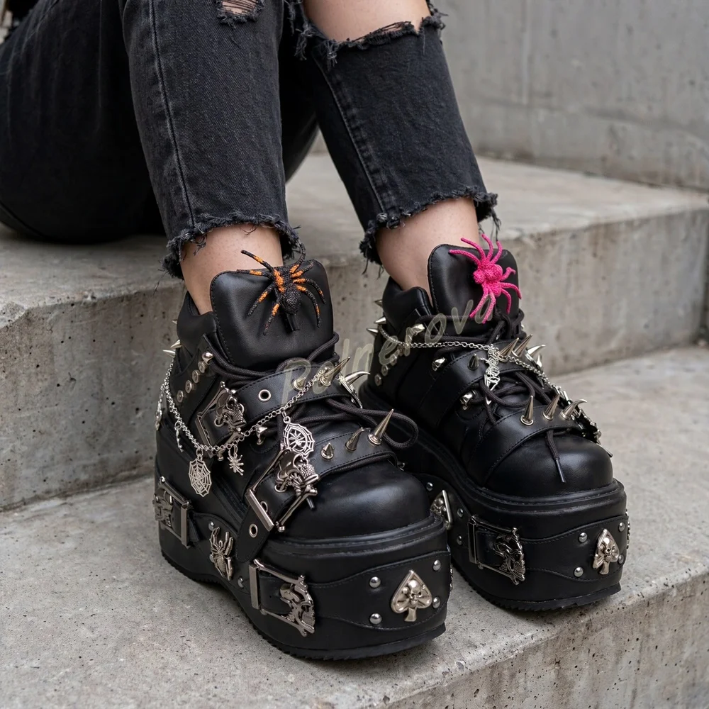 Spider Skull Spikes Chain Platform Pumps Women Black Gothic Buckle Strap Lace Up High Top Shoes Punk Leisure Wedge Shoes