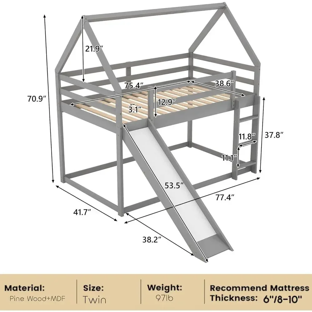 Twin Bunk Beds with Slide for Kids, Wood House Design, Grey