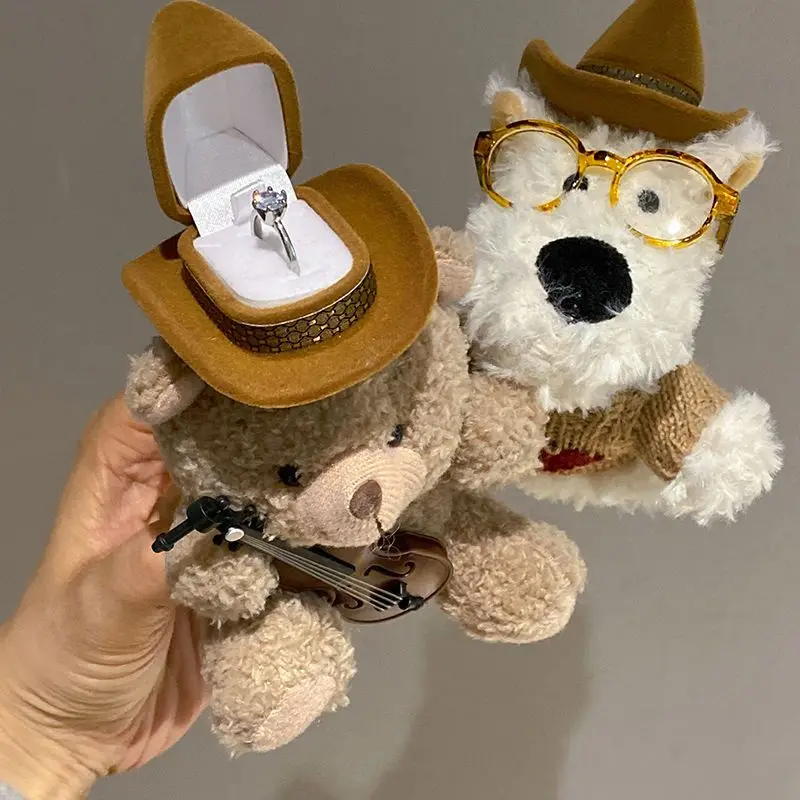 Creative and artistic style West Highland dog plush toy ring, cute cartoon doll ornament storage jewelry box