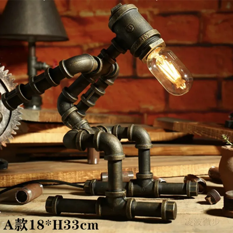 American Style Personalized Creative Iron Pipe Industrial Retro Style Table Lamp Coffee Bar Desk Water Pipe Robot Desk Lamp Bra