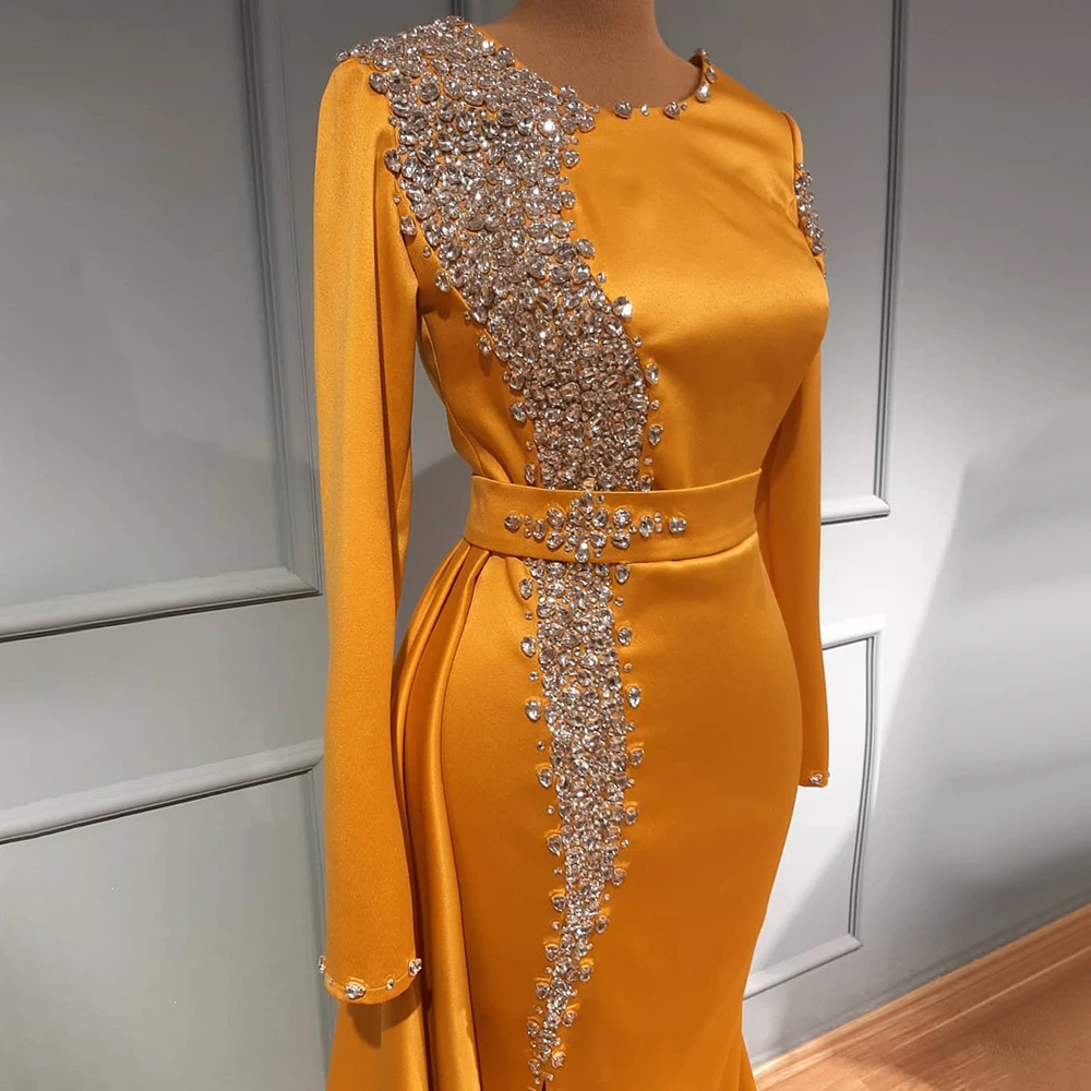 Luxurious Arabic Aso Ebi Orange Satin Mermaid Evening Dresses 2022 Beaded Crystals Prom Formal Party Reception Gowns