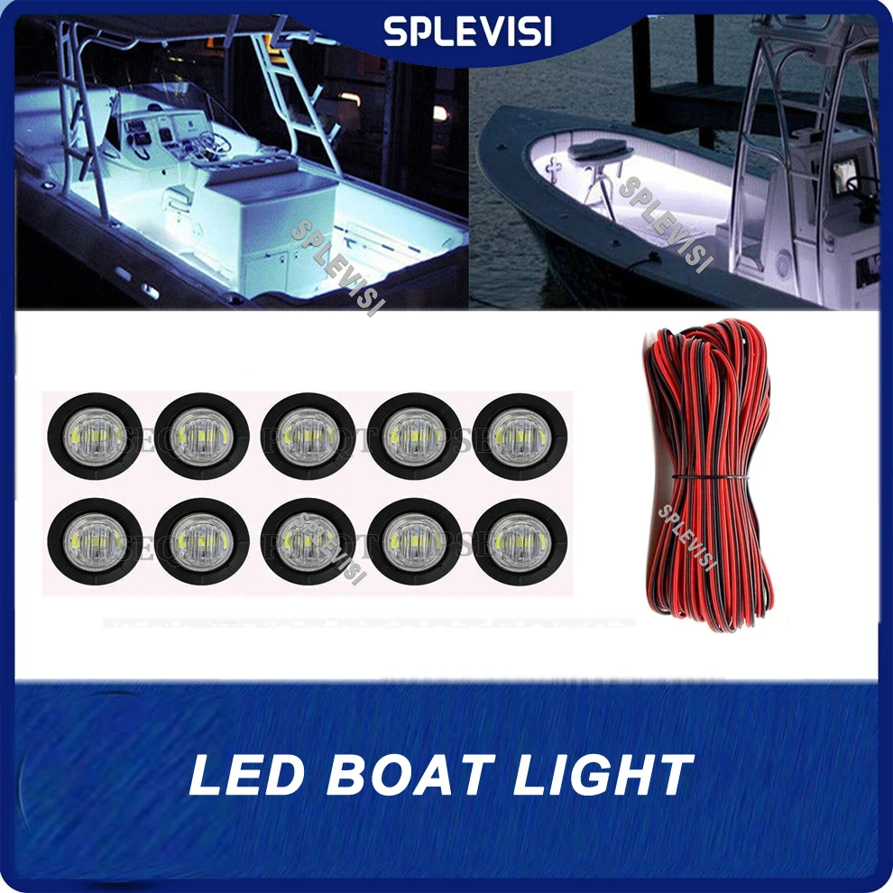 

12V 3/4'' Round LED Boat Deck Transom Courtesy Lights White for Pontoon Sailboat (10Pcs) + 100FT/30M 2pin Extension Cable Wires