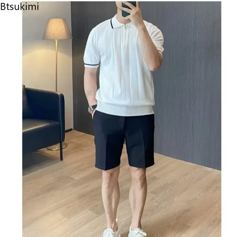 2025 Vintage High Quality Knit Tops for Men Summer Fashion Half Zip Lapel Short Sleeve Pullover Men Business Casual Polo Shirts