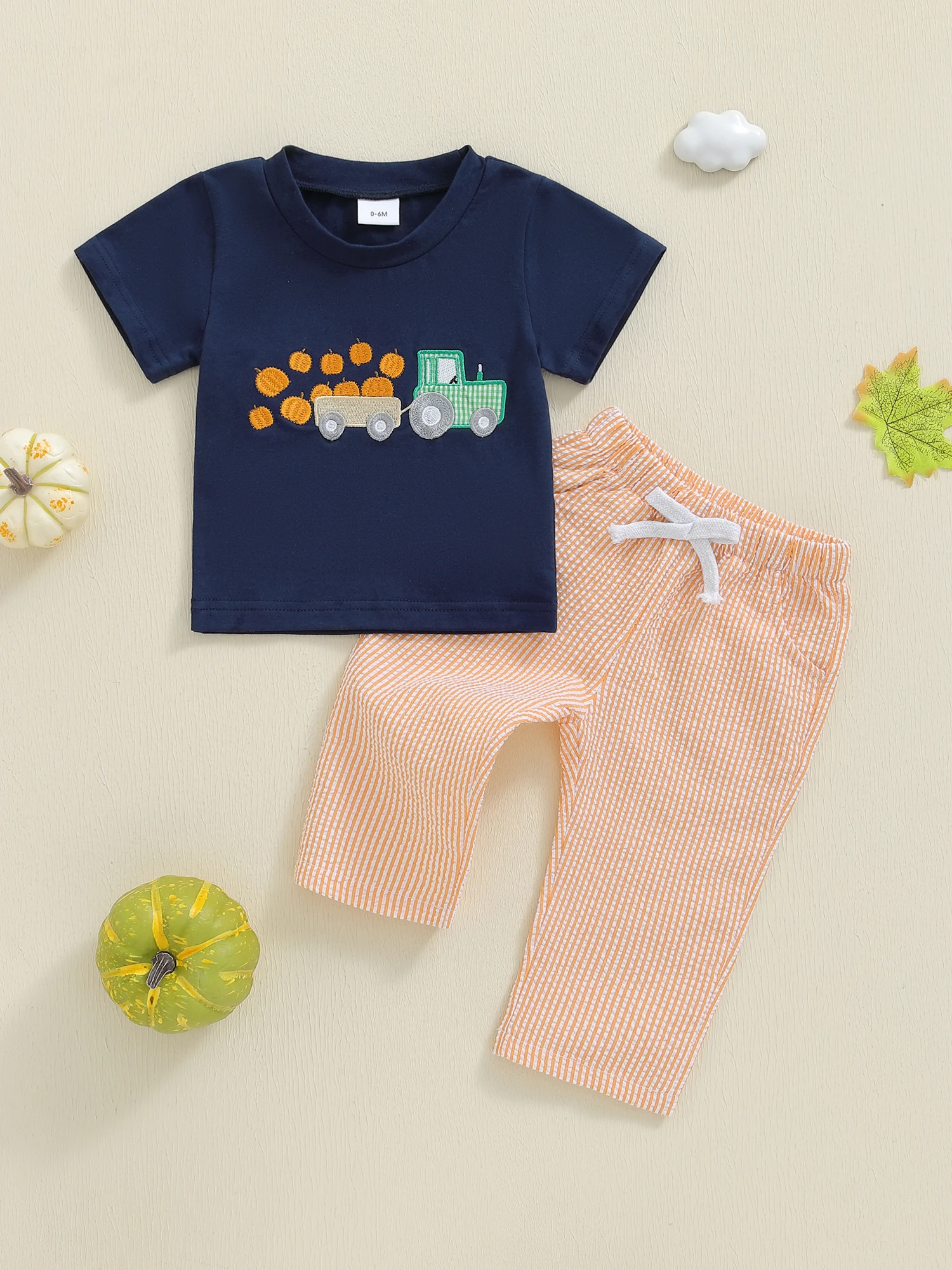 

3Pcs Infant Baby Girl Boy Halloween Outfits Short Sleeve Pumpkin Print T Shirt Striped Pants Set with Hat